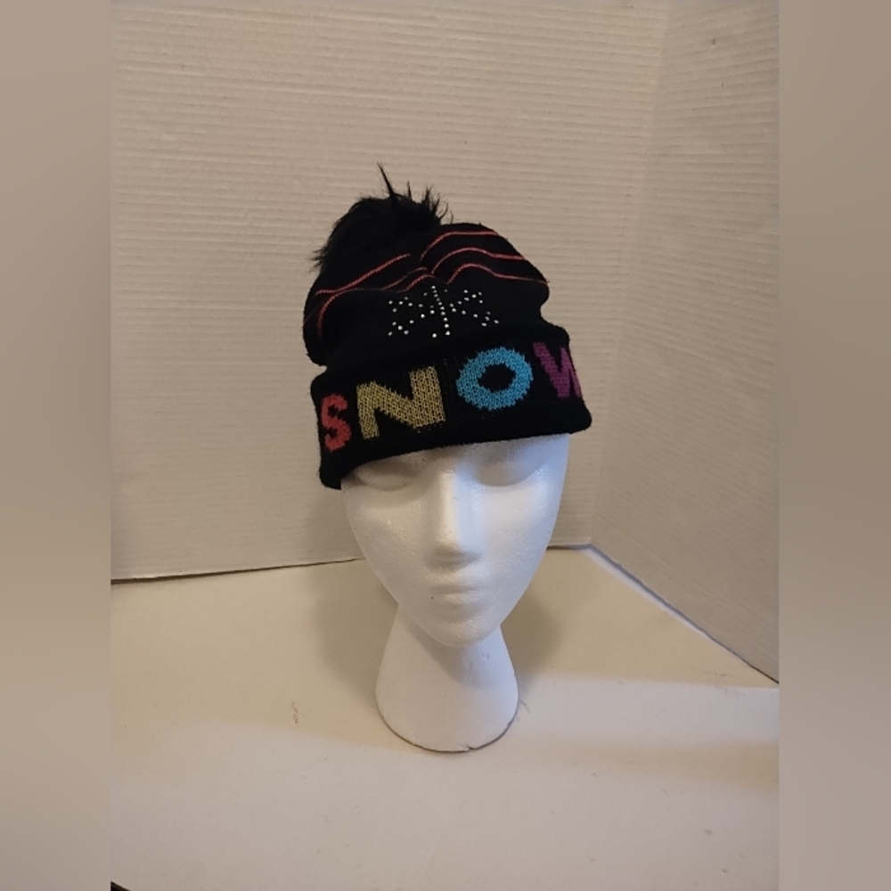 Snow Black Beanie With Rhinestone & Multicolored One Size Fits Most